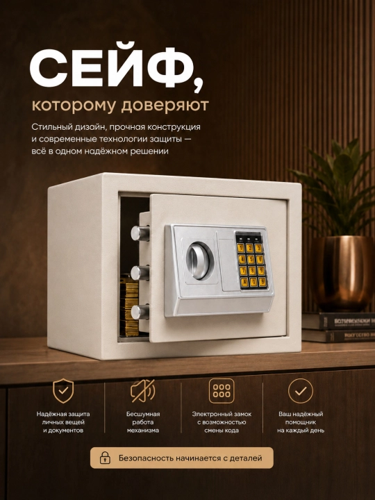 Elektron kod va kalitli seyf, 31 × 20 × 20 sm, metall, uy va ofis uchun