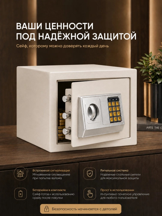 Elektron kod va kalitli seyf, 31 × 20 × 20 sm, metall, uy va ofis uchun