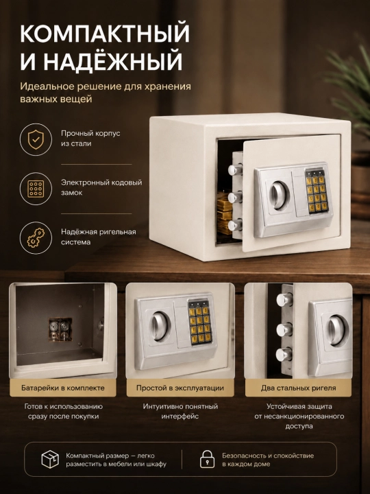 Elektron kod va kalitli seyf, 31 × 20 × 20 sm, metall, uy va ofis uchun