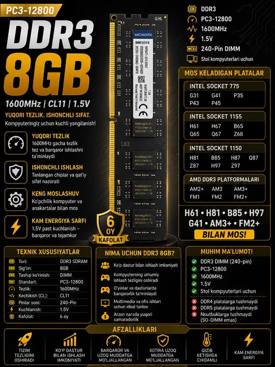 Operativ xotira KINGSTON  DDR3 8GB, 1600MHz, stol kompyuteri uchun
