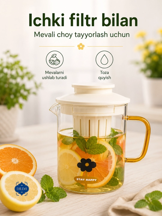 Shishali ichki filtrli ichimlik krujkasi, trubochkali , grafin, mevali suv, choy uchun,