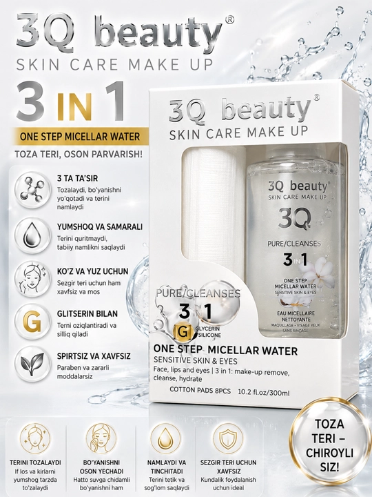 3Q Beauty 3 in 1 Micellar Water – makiyaj tozalovchi va namlovchi suv to‘plami - 