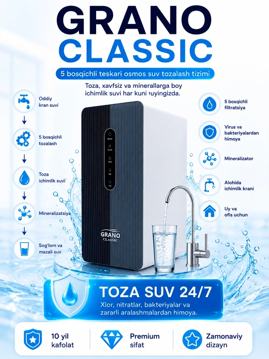 Фильтр для воды Grano Classic обратный осмос 4 ступеней с минерализатором и баком - 