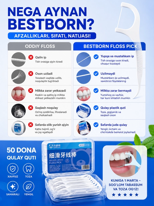 Bestborn floss pick 50 dona — nozik tish ipi, qulay quti, chuqur tozalash