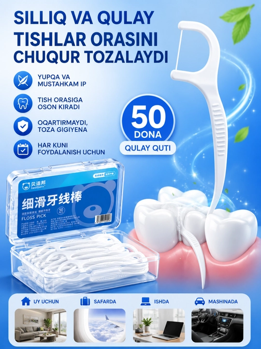 Bestborn floss pick 50 dona — nozik tish ipi, qulay quti, chuqur tozalash