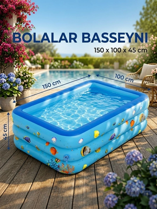 Yumshoq tubli shishiriladigan hovuz, bolalar uchun shishiriladigan hovuz, 150×100×45 sm - 