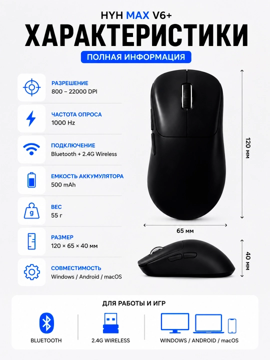 Simsiz sichqoncha HYH MAX V6+ Bluetooth 2.4G Wireless 22000 DPI o‘yin va kompyuter uchun