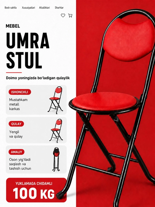 Umra uchun yig‘ma stul, yengil, yumshoq o‘rindiqli va suyanchiqli, stulcha, stullar, mebel - 