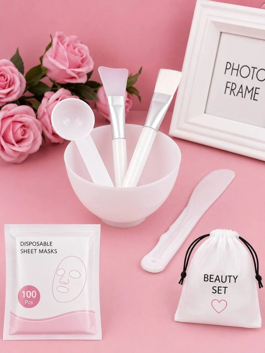 Kosmetik niqoblar uchun to‘plam, 6 tasi 1 da, niqob cho‘tkasi, kosacha va aksessuarlar - 