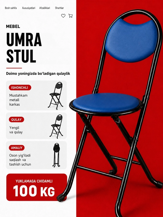 Umra uchun yig‘ma stul, yengil, yumshoq o‘rindiqli va suyanchiqli, stulcha, stullar, mebel - 