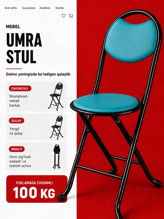 Umra uchun yig‘ma stul, yengil, yumshoq o‘rindiqli va suyanchiqli, stulcha, stullar, mebel - 