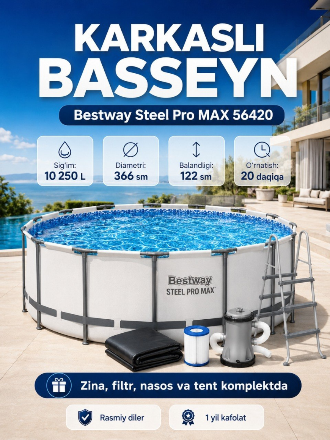 Karkasli hovuz Bestway Steel Pro Max 366 sm, yumaloq basseyn, PVX, oq rang, oilaviy hovuz - 