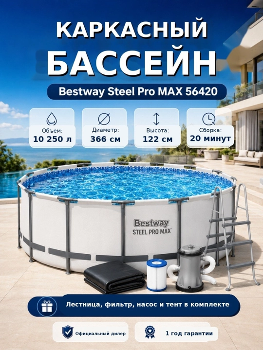 Karkasli hovuz Bestway Steel Pro Max 366 sm, yumaloq basseyn, PVX, oq rang, oilaviy hovuz