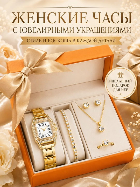 Подарок для женщины 5 в 1 - часы, браслет, серьги, цепочка и кольцо - 