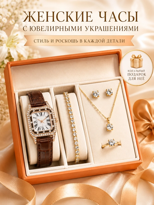 Подарок для женщины 5 в 1 - часы, браслет, серьги, цепочка и кольцо - 