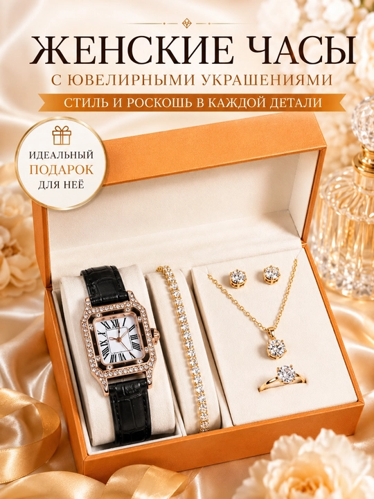 Подарок для женщины 5 в 1 - часы, браслет, серьги, цепочка и кольцо - 