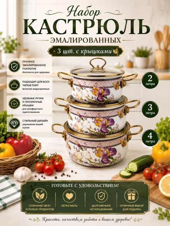 Набор кастрюли 3 шт Эмаллированная - 