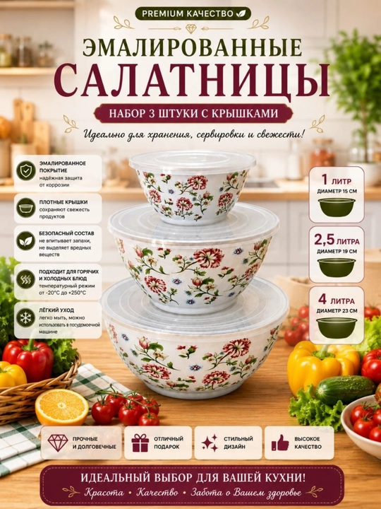 Набор салатницы 3 шт Эмаллированная - 