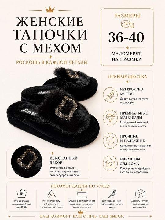 Женские домашние тапочки с мехом и декоративной пряжкой, 36-40 - 