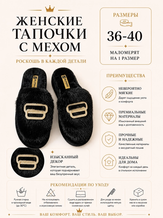Женские домашние тапочки с мехом и декоративной пряжкой, 36-40 - 