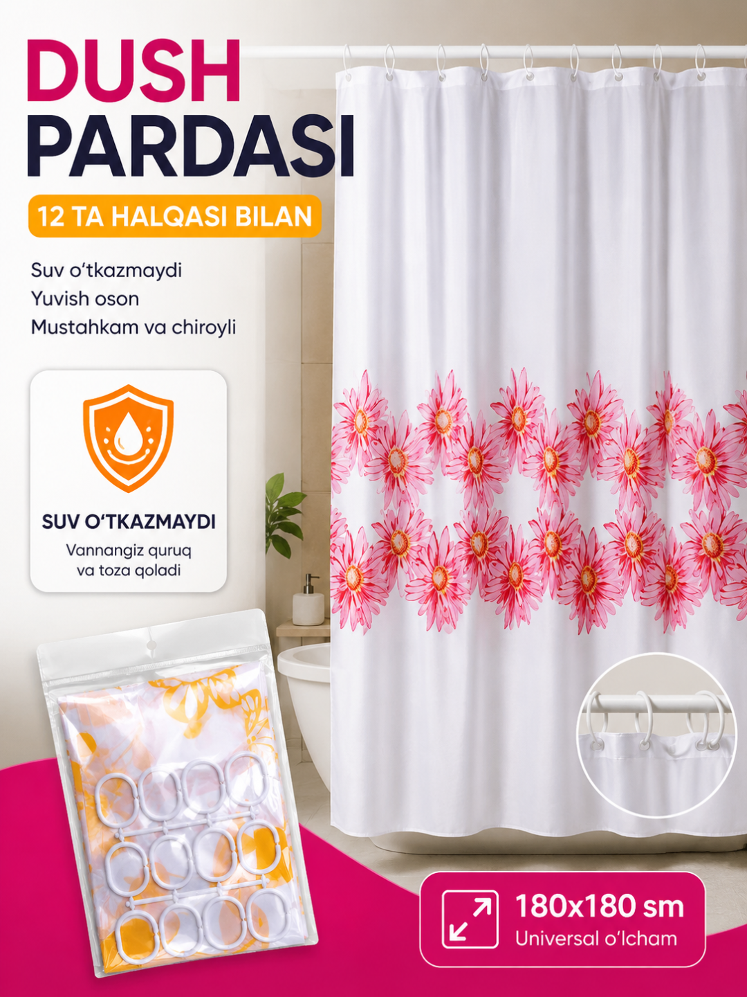 Vanna pardasi PEVA 180x180 sm, suv o‘tkazmaydigan dush pardasi, ilgaklar bilan - 