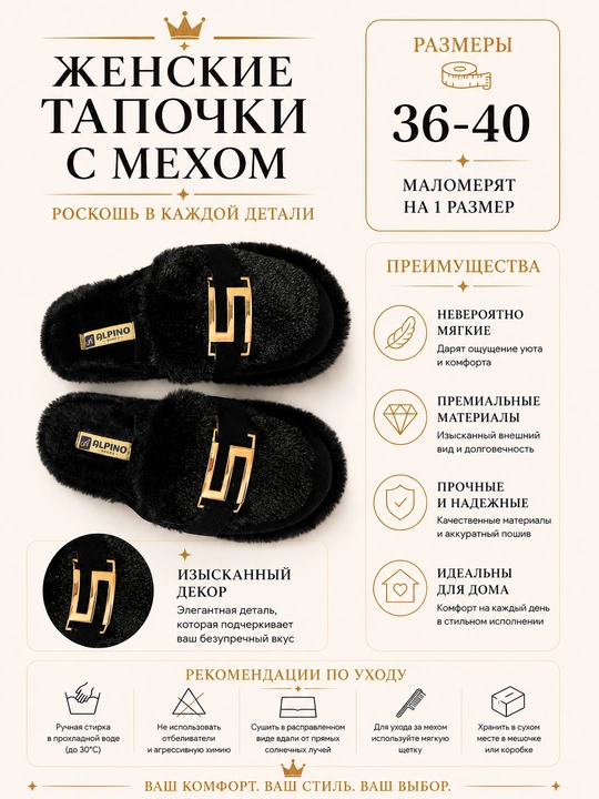 Женские домашние тапочки с мехом и декоративной пряжкой, 36-40 - 