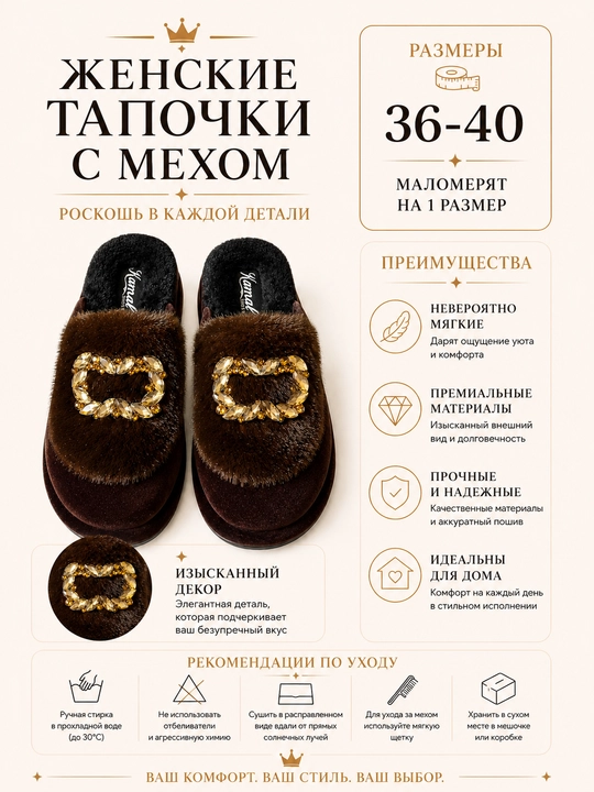 Женские домашние тапочки с мехом и декоративной пряжкой, 36-40 - 