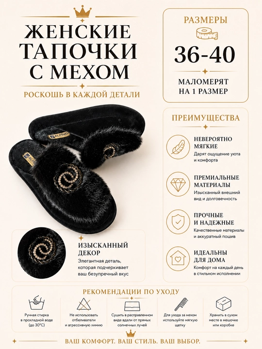 Женские домашние тапочки с мехом и декоративной пряжкой, 36-40 - 
