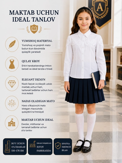 Qizlar uchun uzun va kalta yengli maktab bluzkalari, 26 tur - 