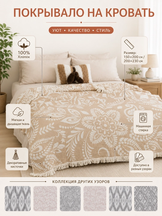 100% paxtali popukli pled, 150×200 / 200×230 sm - 