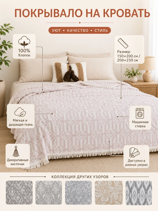 100% paxtali popukli pled, 150×200 / 200×230 sm - 
