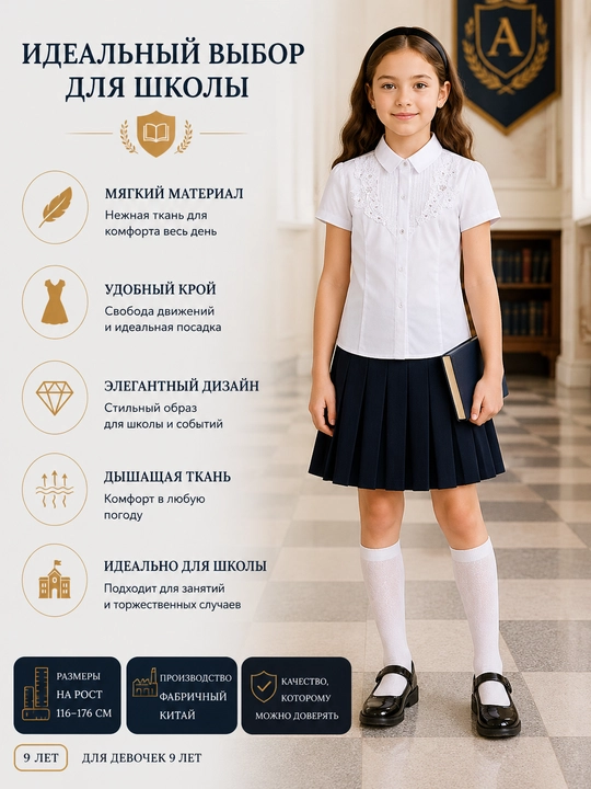 Qizlar uchun uzun va kalta yengli maktab bluzkalari, 26 tur