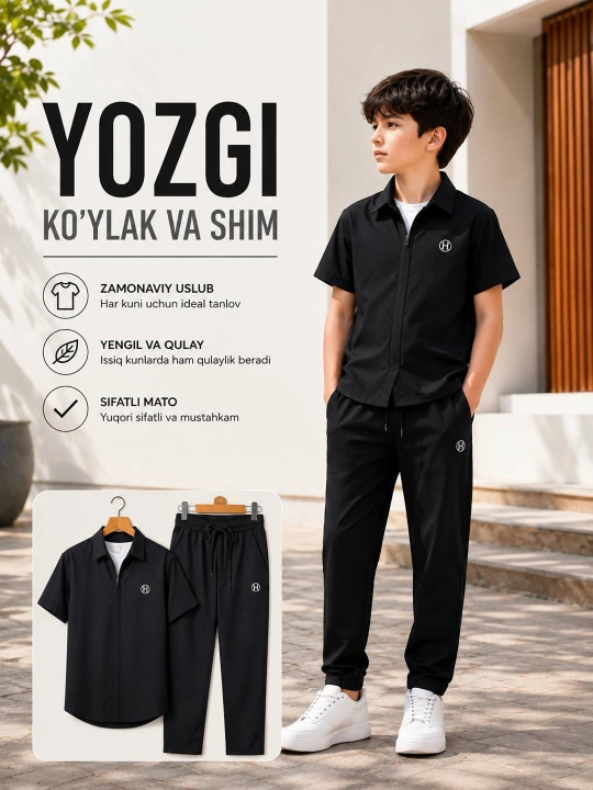 O‘g‘il bolalar uchun yozgi uchlik to‘plami: ko‘ylak, futbolka va shim - 