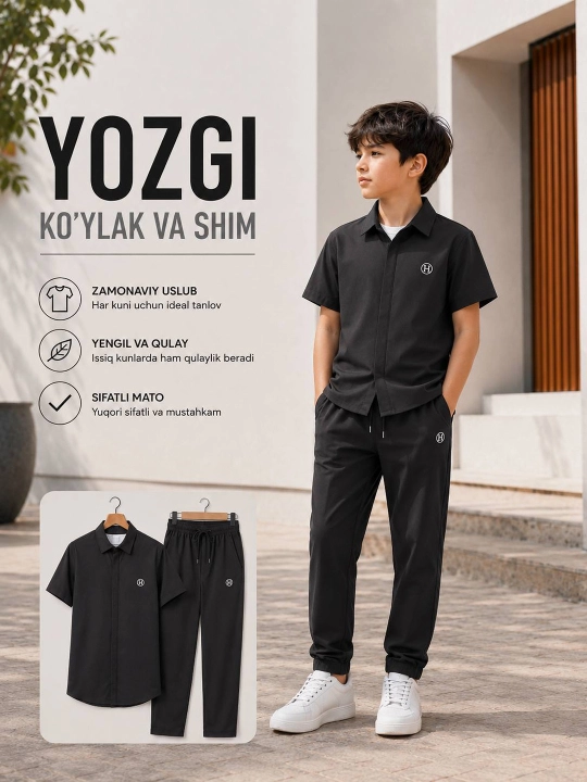 O‘g‘il bolalar uchun yozgi uchlik to‘plami: ko‘ylak, futbolka va shim - 