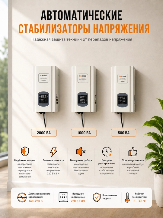 Стабилизатор напряжения HONLE TM 500/1000/2000ВА, 220 В, для техники - 