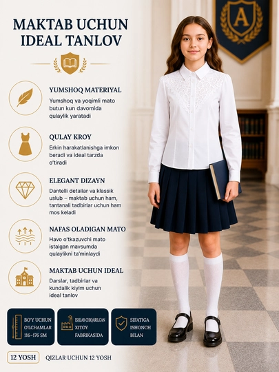 Qizlar uchun uzun va kalta yengli maktab bluzkalari, 26 tur - 