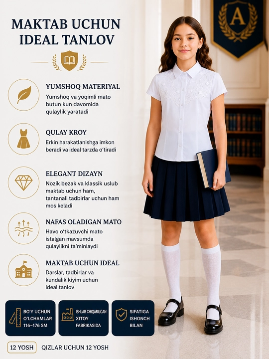 Qizlar uchun uzun va kalta yengli maktab bluzkalari, 26 tur - 