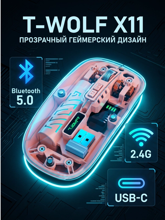 T-WOLF X11 simsiz o‘yin sichqonchasi, Bluetooth 5.0, 2.4 GHz, USB-C, shaffof korpusli