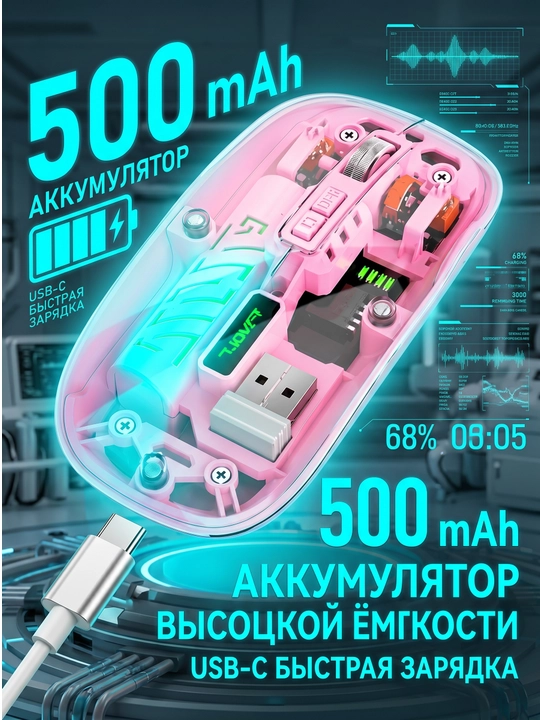 T-WOLF X11 simsiz o‘yin sichqonchasi, Bluetooth 5.0, 2.4 GHz, USB-C, shaffof korpusli