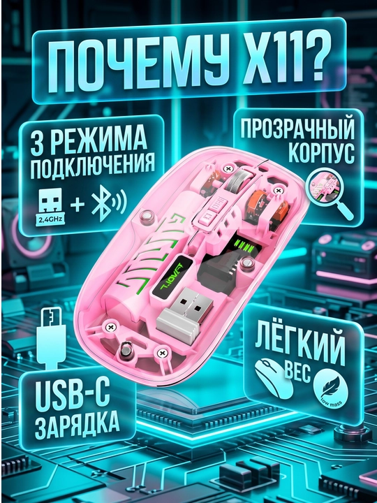 T-WOLF X11 simsiz o‘yin sichqonchasi, Bluetooth 5.0, 2.4 GHz, USB-C, shaffof korpusli