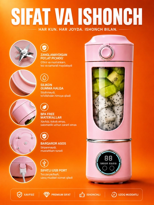Blender portativ FreshMix Mini USB quvvatlanadigan smoothie va sharbat tayyorlagich