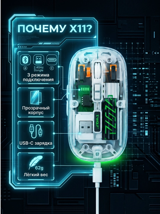 T-WOLF X11 simsiz o‘yin sichqonchasi, Bluetooth 5.0, 2.4 GHz, USB-C, shaffof korpusli