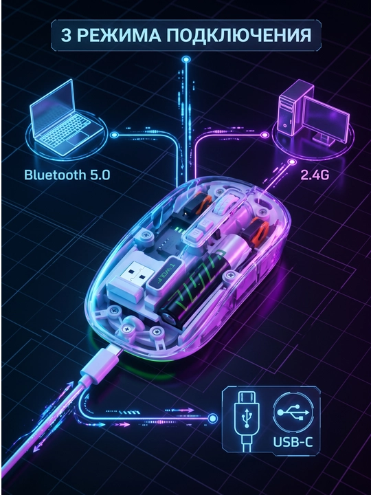 T-WOLF X11 simsiz o‘yin sichqonchasi, Bluetooth 5.0, 2.4 GHz, USB-C, shaffof korpusli