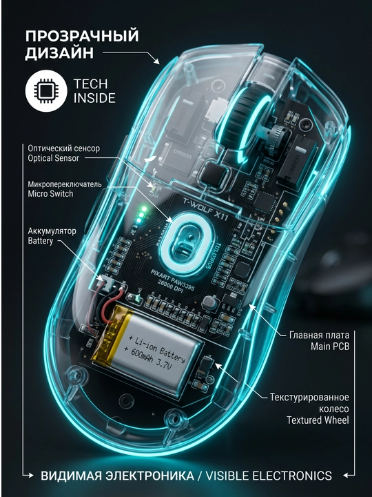 T-WOLF X11 simsiz o‘yin sichqonchasi, Bluetooth 5.0, 2.4 GHz, USB-C, shaffof korpusli