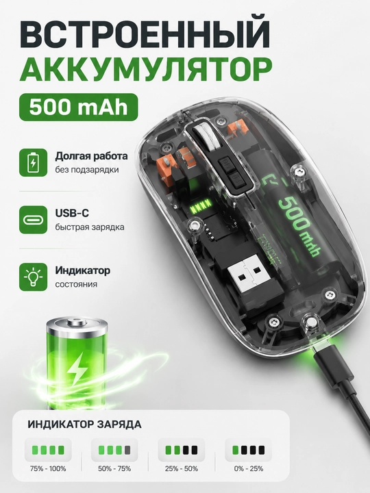 T-WOLF X11 simsiz o‘yin sichqonchasi, Bluetooth 5.0, 2.4 GHz, USB-C, shaffof korpusli