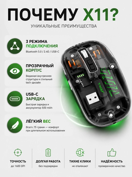 T-WOLF X11 simsiz o‘yin sichqonchasi, Bluetooth 5.0, 2.4 GHz, USB-C, shaffof korpusli