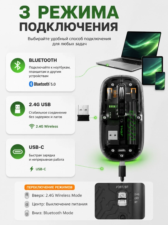 T-WOLF X11 simsiz o‘yin sichqonchasi, Bluetooth 5.0, 2.4 GHz, USB-C, shaffof korpusli