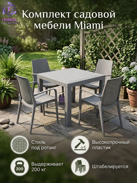 Miami stol va stullar to‘plami, rotang uslubda, 200 kg gacha polipropilen - 