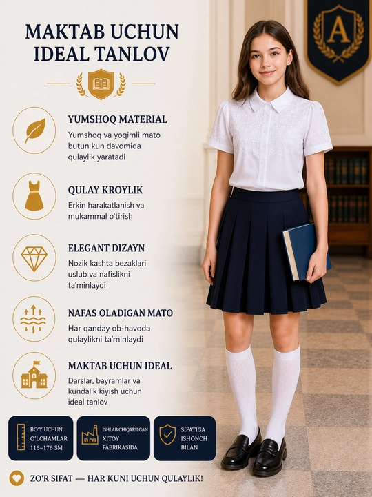 Qizlar uchun uzun va kalta yengli maktab bluzkalari, 26 tur - 