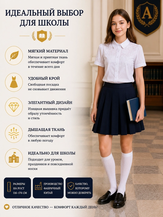 Qizlar uchun uzun va kalta yengli maktab bluzkalari, 26 tur